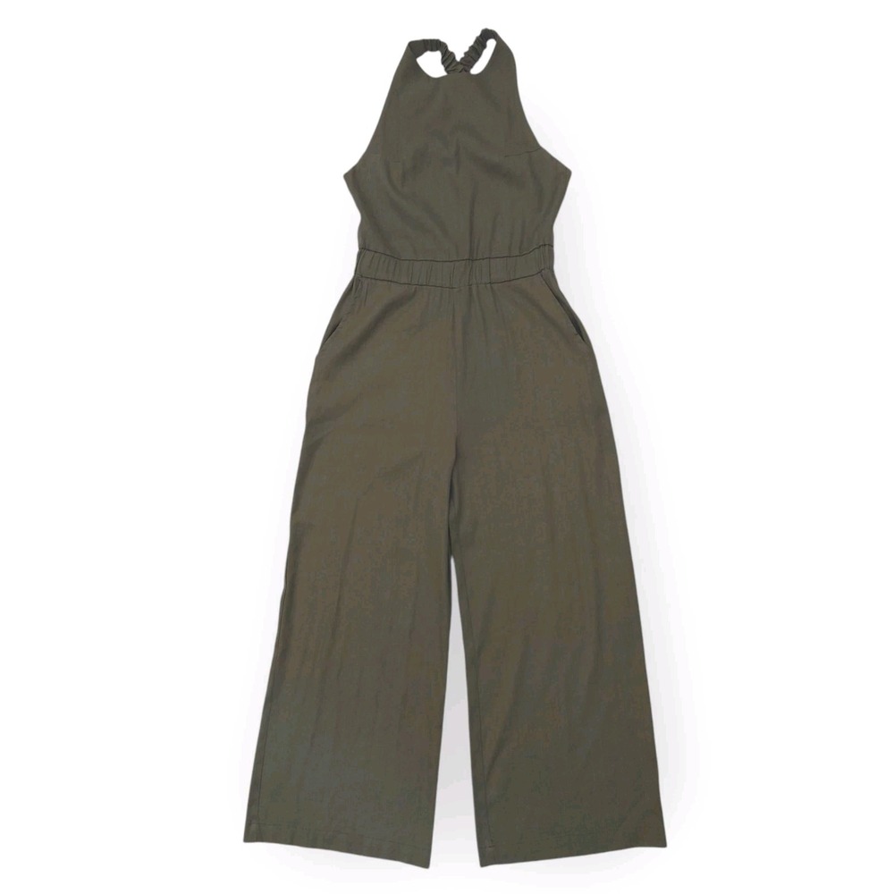 MONROW Linen Racer Jumpsuit Womens XS Army Green Wide Leg HR0124 Made In USA